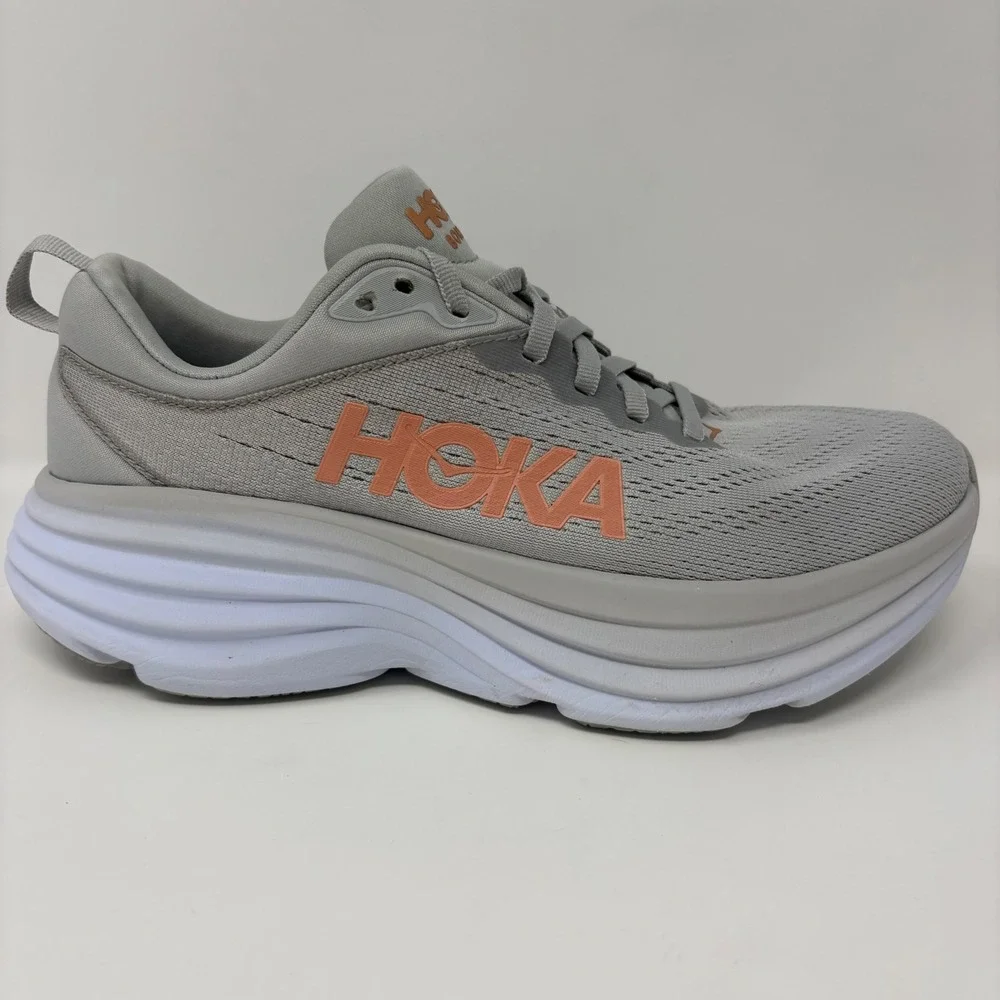 Hoka Bondi 8 Womens Size 8 Grey Orange White Athletic Running Shoes Sneakers